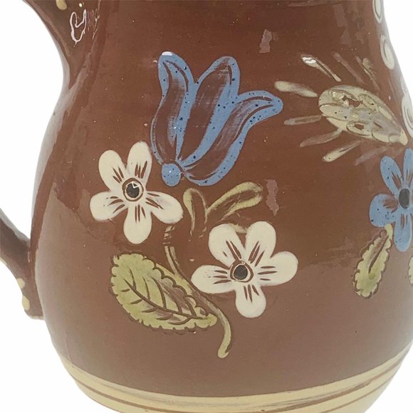 Redware Pitcher Floral Hand Painted Farmhouse - Picture 8 of 12